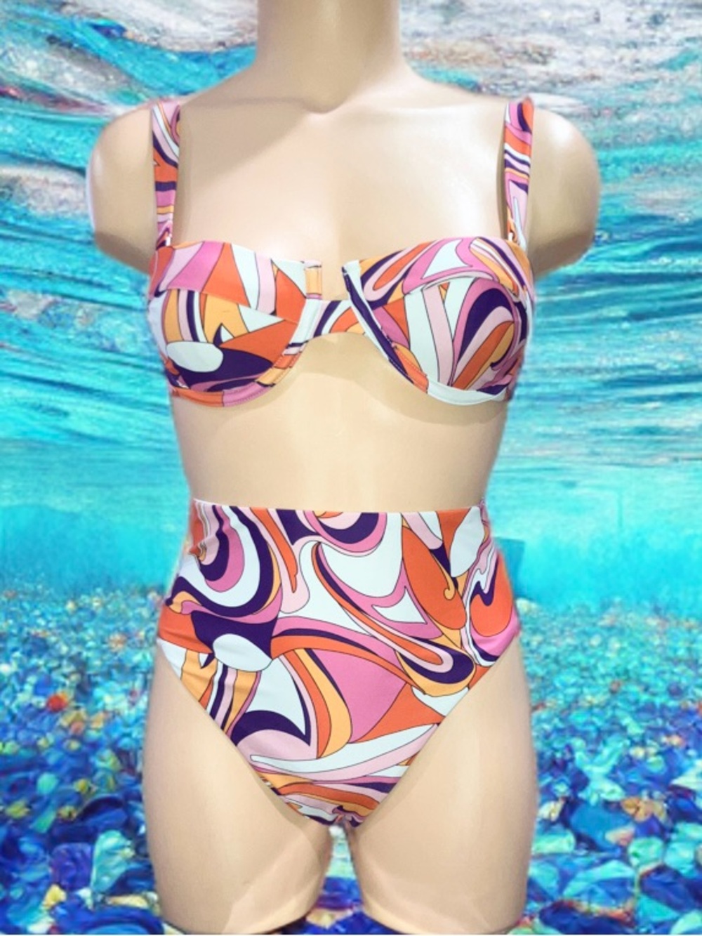 Express Swirl Printed Balconette Body Contour Swim Top High Rise Bottom Sz XS